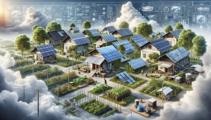 Rural community using solar panels, shared generators, gardens, and wells during a power failure under cloudy sky.