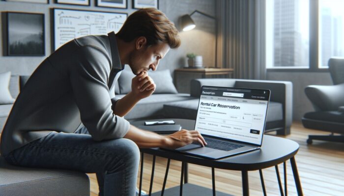 Individual reviewing rental car reservation on laptop in a modern home office, ensuring accuracy and confidence.