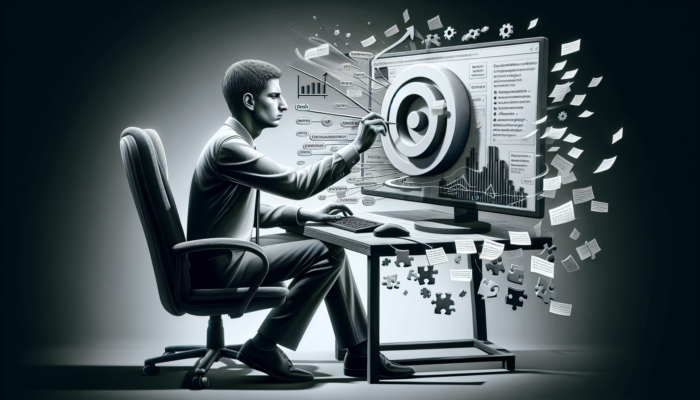 Person setting up Google Business Analytics, looking frustrated, overlooking key steps like goal setting and tracking code installation.