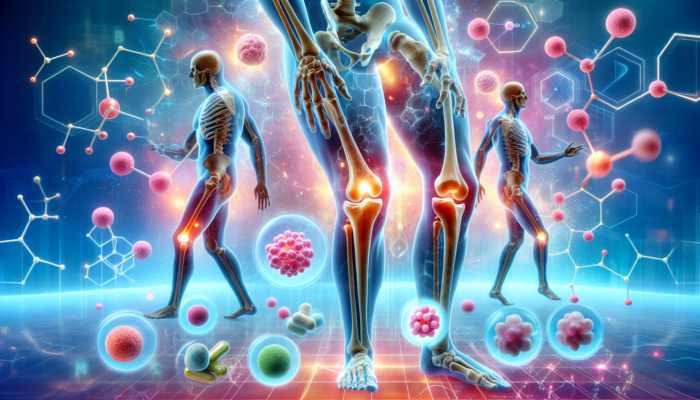 Illustration of joint supplements with glucosamine and chondroitin, illustrating improvement in aging to healthy joints.