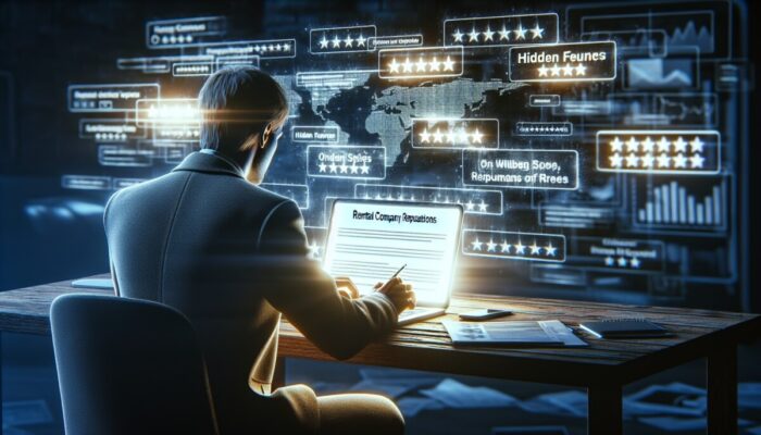 Individual examining rental company reviews on a laptop, analysing feedback patterns.