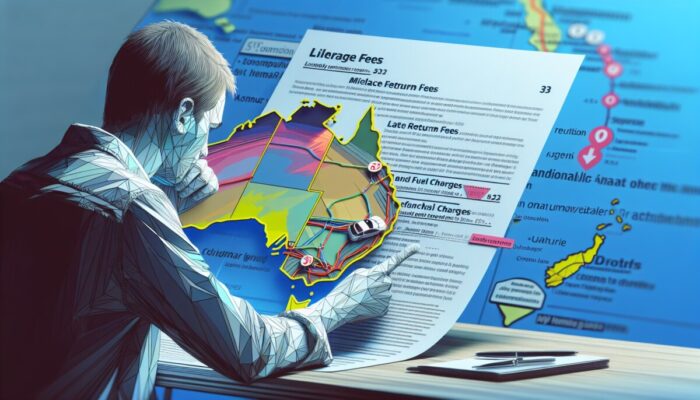 Individual reviewing rental agreement, highlighting fees, with a Great Ocean Road map in the background.