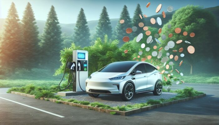 A contemporary electric vehicle at a charging station surrounded by greenery, illustrating low-cost savings.