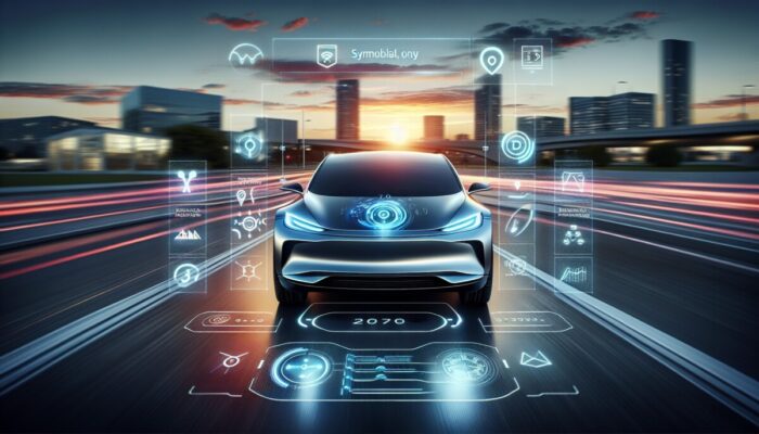 A sleek electric vehicle featuring a futuristic dashboard, smoothly navigating through a city at dusk.