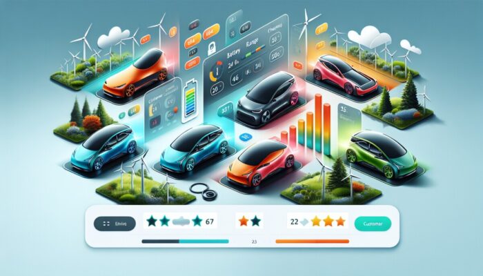 A contemporary website displaying electric vehicles, detailing battery range, charging options, and customer ratings.