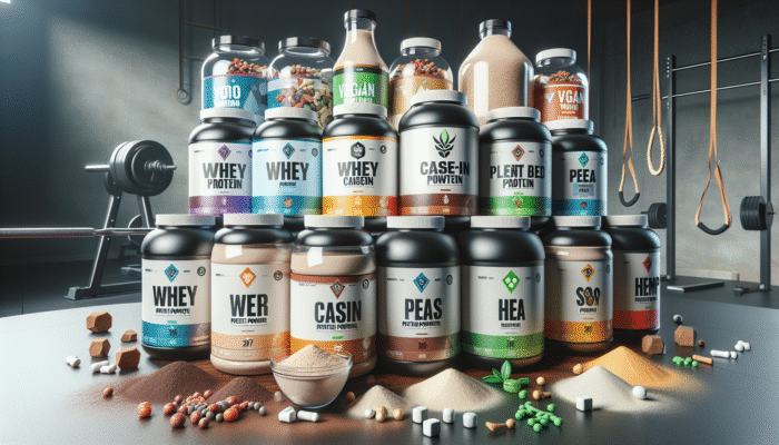 A diverse range of protein powders displayed on a table, including whey, casein, and plant-based options, alongside gym equipment and vegan symbols.