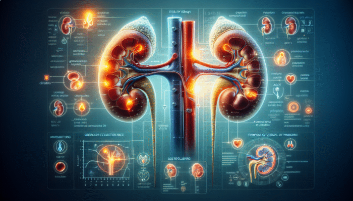 An illustration of kidneys illustrating health indicators such as GFR, creatinine levels, urine protein, and symptoms like fatigue, leg swelling, and changes in urination.
