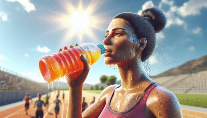 Individual consuming a vibrant electrolyte drink while sweating in a sunny setting, highlighting the importance of hydration and physical activity.