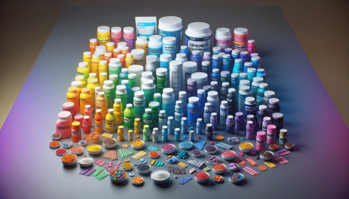 A vibrant assortment of electrolyte supplements in various forms, including powders, tablets, and drinks, displayed on a table.