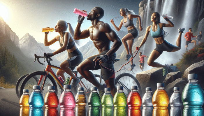 Vibrant ready-to-drink electrolyte beverages displayed with athletes hydrating during rigorous workouts.