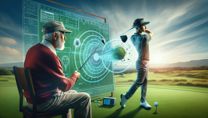 A South African golf coach demonstrating an ideal swing plane and path on a lush green course.