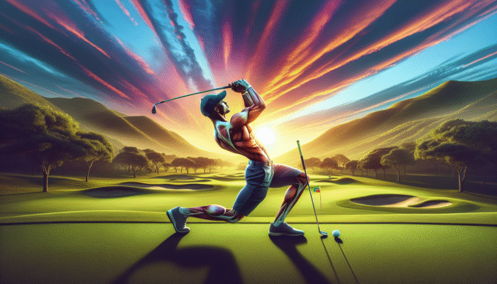 A South African golfer performing a side plank on a golf course at sunset, enhancing swing power and stability.