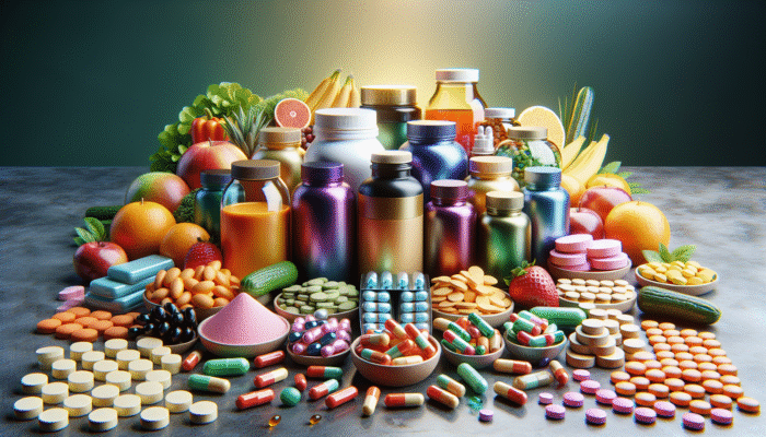 A vibrant selection of dietary supplements displayed on a table with a backdrop of fruits and vegetables.