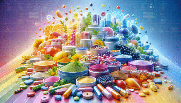 A vibrant display of dietary supplements in various forms, including capsules, tablets, and powders against a lively background.