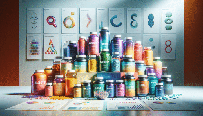 A collection of specialty supplement bottles featuring probiotics, omega-3, and protein powders, presented on a health-oriented backdrop.