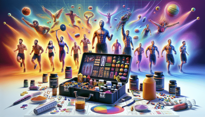 A toolkit labelled "Recovery Stacks" with supplements, surrounded by athletes exhibiting muscle recovery and vitality.