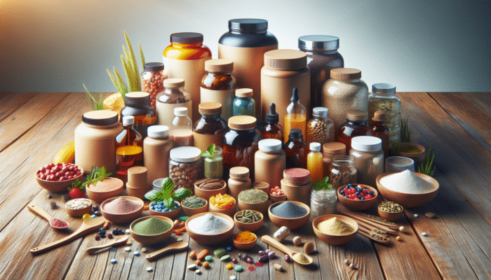 A variety of supplement bottles and natural ingredients for recovery arranged on a wooden table.