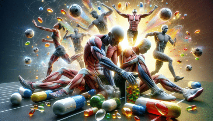 Athletes recovering with glowing Vitamin C, E, magnesium, and zinc capsules, supporting muscle and joint repair.