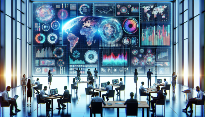Modern office space with professionals analysing strategic data insights on a large interactive screen.