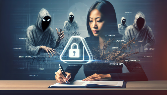 Debt Consolidation Loans from Fintech Companies: A Guide | DCL Person signing fintech loan, shadowy figures symbolizing regulatory gaps and predatory risks.