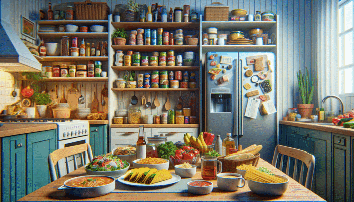 Best Tips for Cooking on a Budget: A colourful weekly meal planner featuring Mexican tacos, Italian pasta, alongside a well-stocked pantry and fridge.
