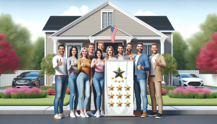 Satisfied homeowners expressing approval in front of their home, showcasing a banner featuring top-rated home service logo and reviews.