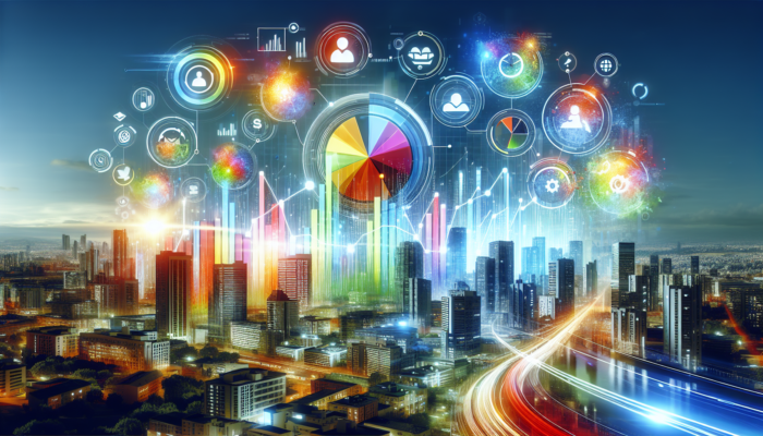 A vibrant Bing business profile showcasing graphs indicating increased traffic and trust against a lively cityscape.