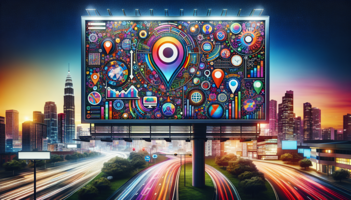 An engaging digital billboard displaying "Boost Your Local SEO with Bing My Business" alongside SEO icons against a cityscape at twilight.