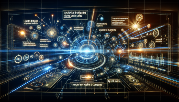 Futuristic interface of Bing Places for Business showcasing Bing Ads, displaying analytics and targeted campaigns during peak sales.