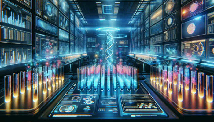 A futuristic laboratory featuring illuminated test tubes and digital displays presenting protein absorption data.