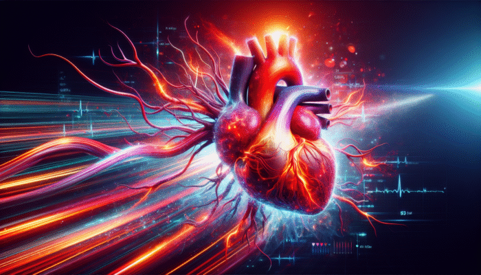 How to Support Heart Health with Supplements: A vibrant heart with flowing blood vessels, showing heart rate and cholesterol levels.
