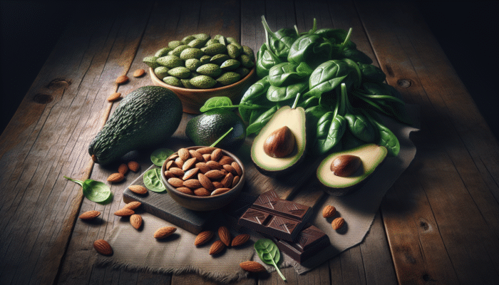 A still life arrangement showcasing magnesium-rich foods including almonds, spinach, avocados, and dark chocolate on a rustic wooden table.