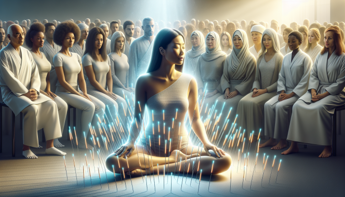 A calm Asian woman receiving acupuncture, surrounded by glowing needles, observed by a diverse crowd.