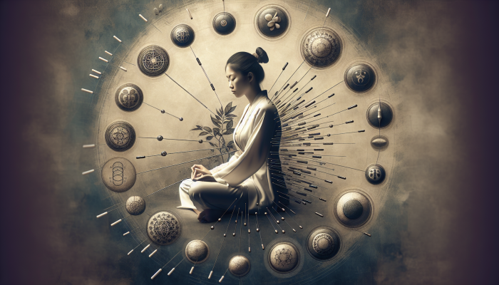 A serene Asian woman receiving acupuncture, surrounded by symbols of acupressure, reflexology, and cupping therapies.