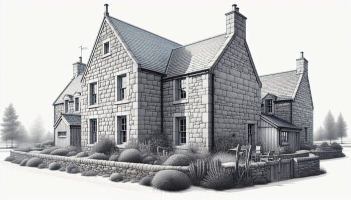 Clermont Gris Limestone: Rustic farmhouse exterior showcasing weather-resistant Clermont Gris limestone, maintaining beauty and integrity in Fife.