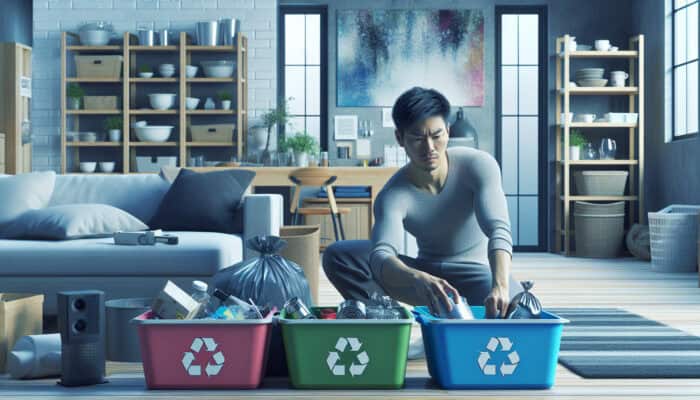 Individual sorting various items into recyclable, reusable, and waste bins in a cluttered living room, kitchen, and bedroom during winter.