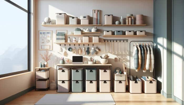 A minimalist room featuring organised storage solutions including bins, shelves, hooks, and labeled containers for seasonal items.
