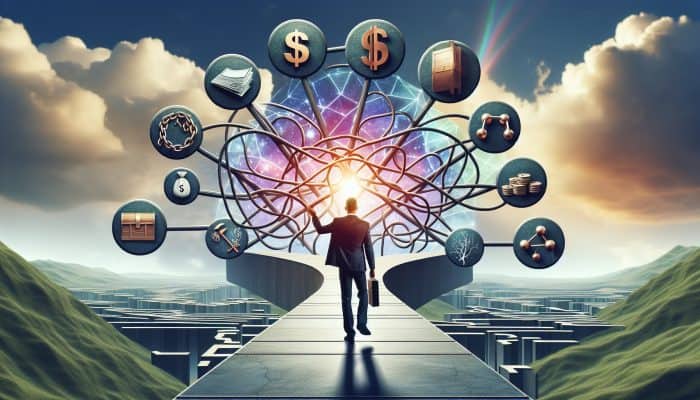 Crucial Terms in Debt Consolidation: A Comprehensive Guide | DCL A person confidently navigating a clear path through a complex financial landscape with labeled signposts under a bright sky.