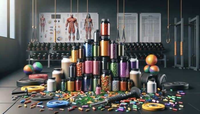 Supplements for First-Time Lifters: A vibrant display of supplement bottles and capsules set against a gym backdrop filled with weights and fitness equipment.