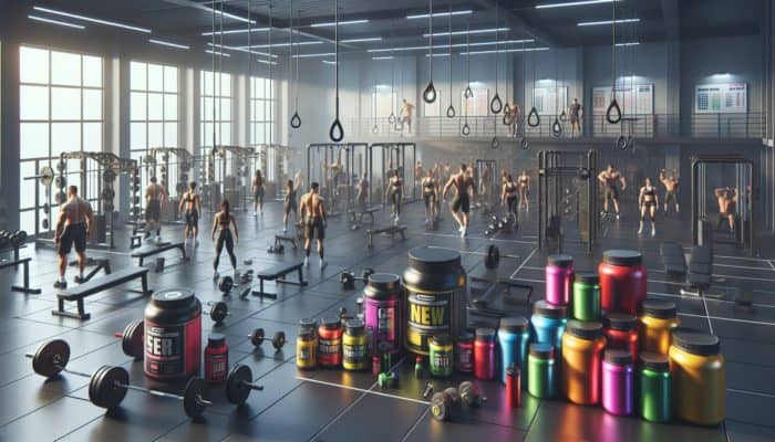 New weightlifters in a contemporary gym setting surrounded by essential supplements such as protein powders and energy drinks.