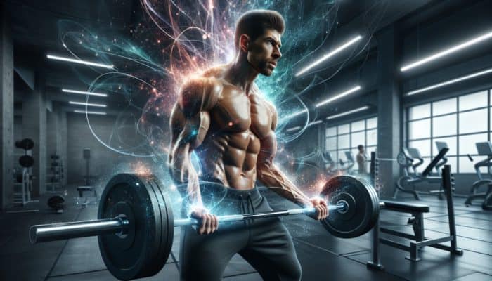A muscular athlete lifting weights surrounded by a glowing energy aura, symbolising the performance-enhancing effects of creatine.