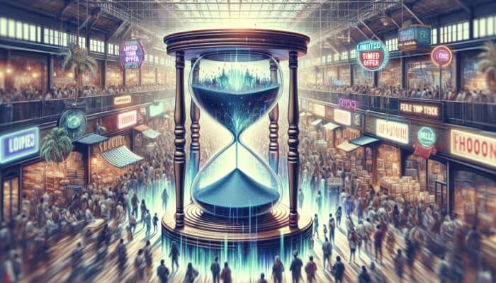 A bustling marketplace featuring a "Limited Time Offer!" sign and a countdown timer, illustrating urgency and FOMO.