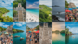 A collage of 12 photos captures beaches, ancient stone ruins, lush green landscapes, ocean views, bustling festivals with market stalls, boats on water, and people on sandy shores under both blue and cloudy skies—perfect for a Belize travel guide.