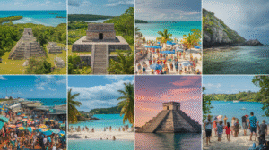 A collage of eight images depicting ancient Mayan ruins, crowded beaches, crystal-clear turquoise waters, a marketplace full of colourful umbrellas, tourists, and tropical landscapes under Belize’s sunny and partly cloudy skies.