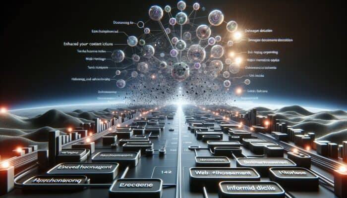A digital landscape featuring interconnected nodes symbolising a content cluster, guiding users through various web hosting options and technical insights.