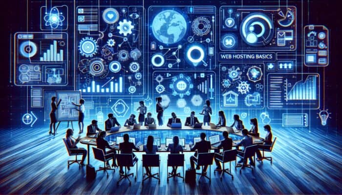 A digital workspace showcasing screens equipped with keyword research tools and charts, while a team brainstorms content cluster topics.