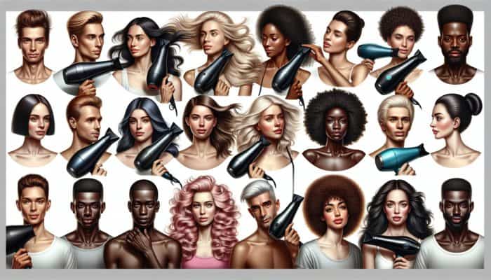 Diverse group using ionic hair dryer, showcasing volume, smoothness, and enhanced curls with reduced frizz.