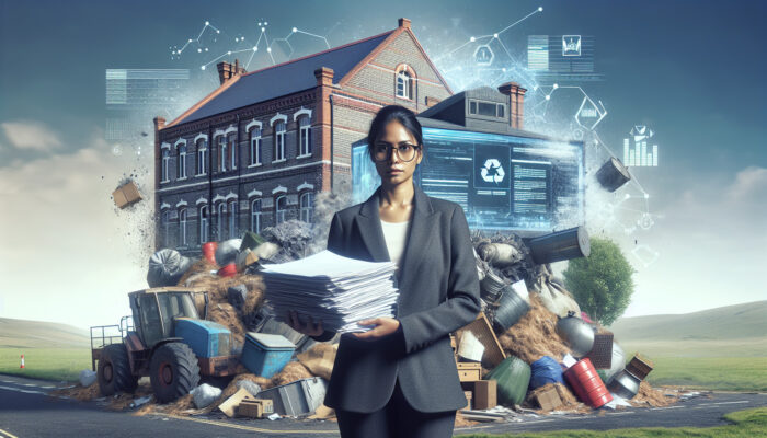 Individual holding council permits in front of a house filled with bulky items and hazardous waste, with a town hall in the background.