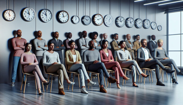 A diverse group waiting in an office with permit applications and clocks displaying different times.