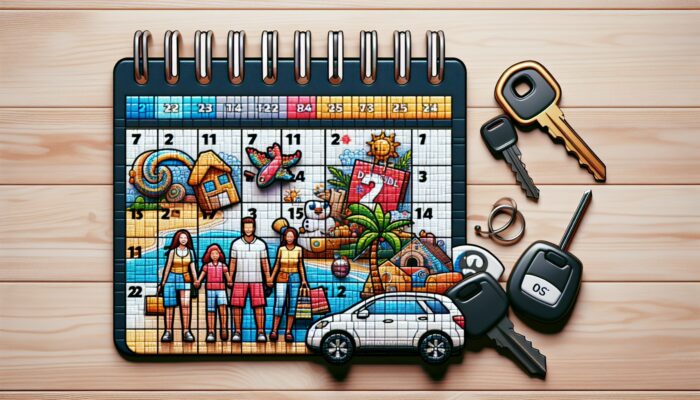 A calendar marked with holiday dates and discount symbols, surrounded by car keys, travel brochures, and a family planning a getaway.